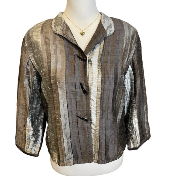 Vintage Yak Magik 100% Silk Pleated Textured Blazer Jacket Gray Lagenlook Sz M - Picture 1 of 12